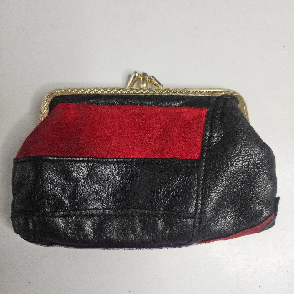 Vintage Patchwork Leather Suede Kiss Lock Clutch Bag Black Red Purple‎ Evening